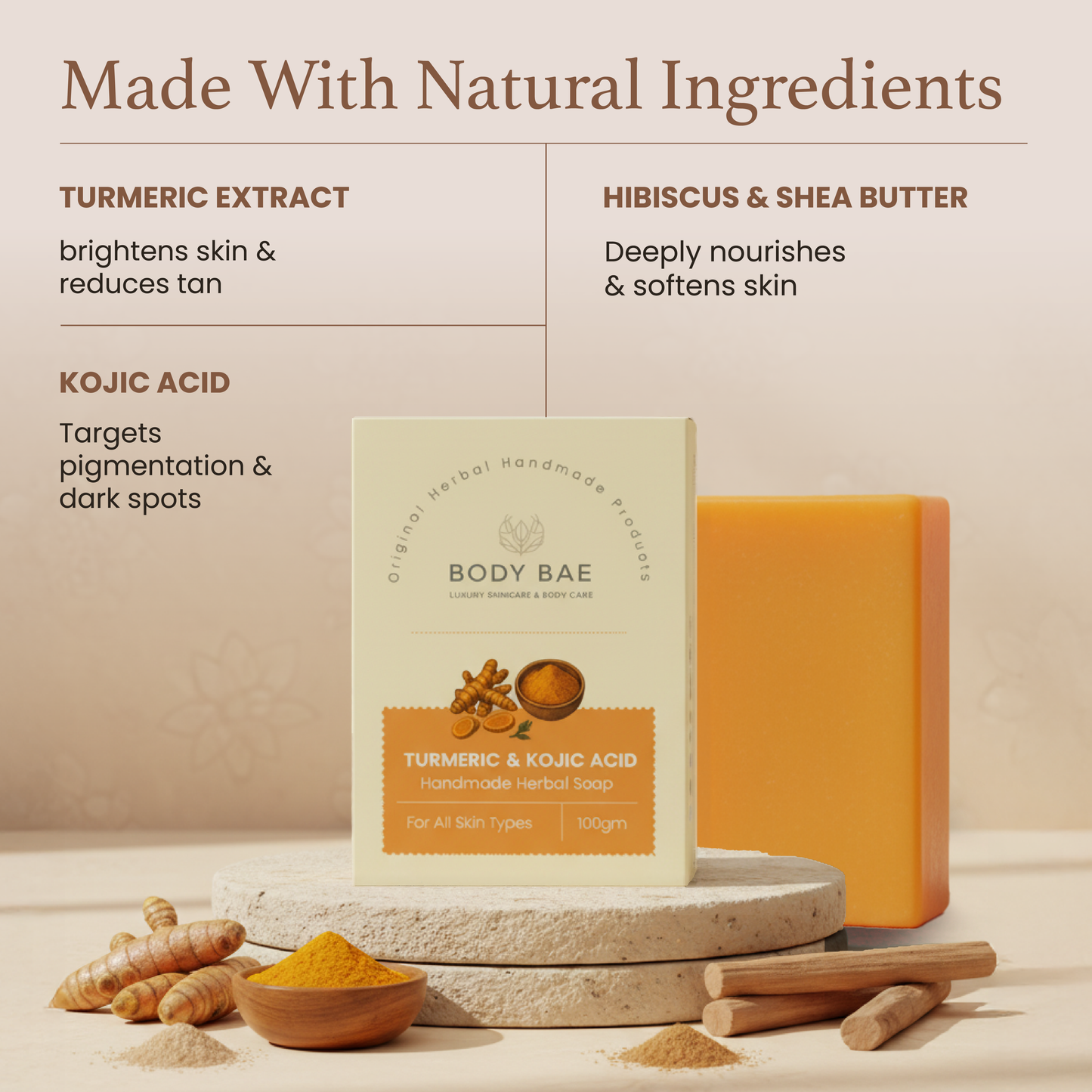 BodyBae Turmeric & Kojic Acid Soap | Brightening Anti-Pigmentation Herbal Soap